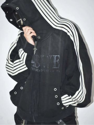 Kurze Kapuzenjacke mit Reißverschluss für Junge Männer, Oversized mit Fallenden Schultern, Gestreiften Ärmeln, Ösen-Taschen, Vintage-Schriftzug, Dunkler Street-Style für Teenager