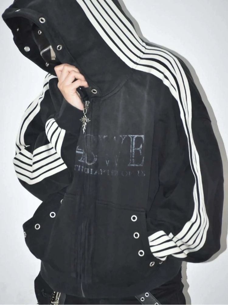 Kurze Kapuzenjacke mit Reißverschluss für Junge Männer, Oversized mit Fallenden Schultern, Gestreiften Ärmeln, Ösen-Taschen, Vintage-Schriftzug, Dunkler Street-Style für Teenager