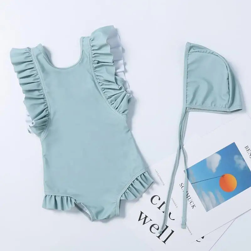 Cartoon Bluey Mädchen Sommer-Badeanzüge Kinder Einteilige & Bikini-Sets mit Badekappe Strandkleidung Bademode für Kinder