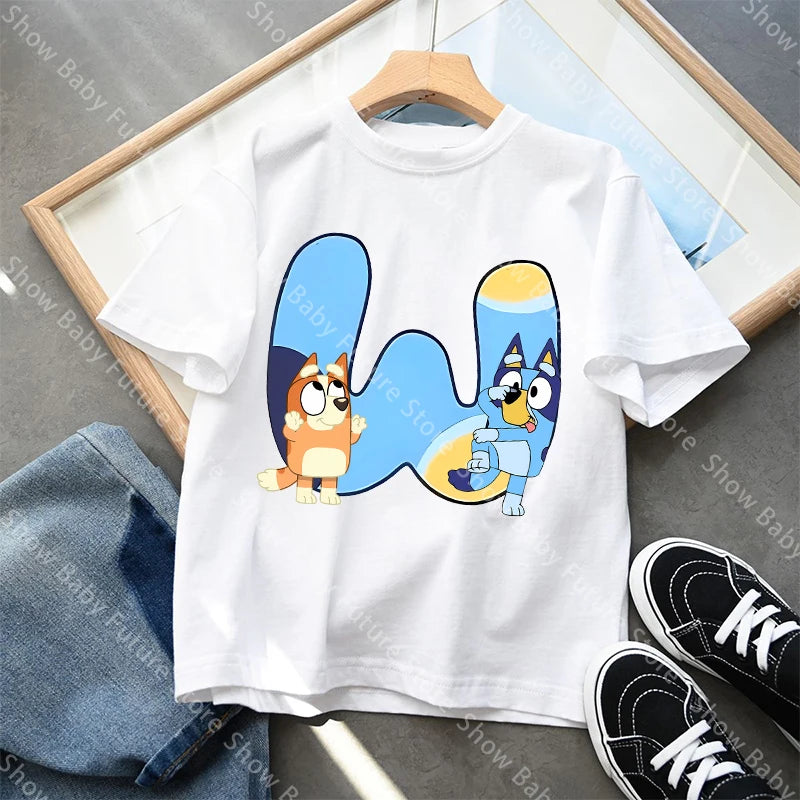 Blueys T-Shirt für Jungen und Mädchen, Cartoon-Buchstaben A-Z, Namenskleidung, Oberteile, Sommer, atmungsaktiv, niedliches Anime-Kurzarmshirt, neue Geburtstagsgeschenke