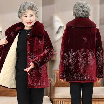 Winter-Damenjacke mit Baumwollpolsterung, 50 bis 80 Jahre alt, Oma-Mantel, dicker Samt, warm, mittleres Alter, Mutterpositionierung, Blumenparka