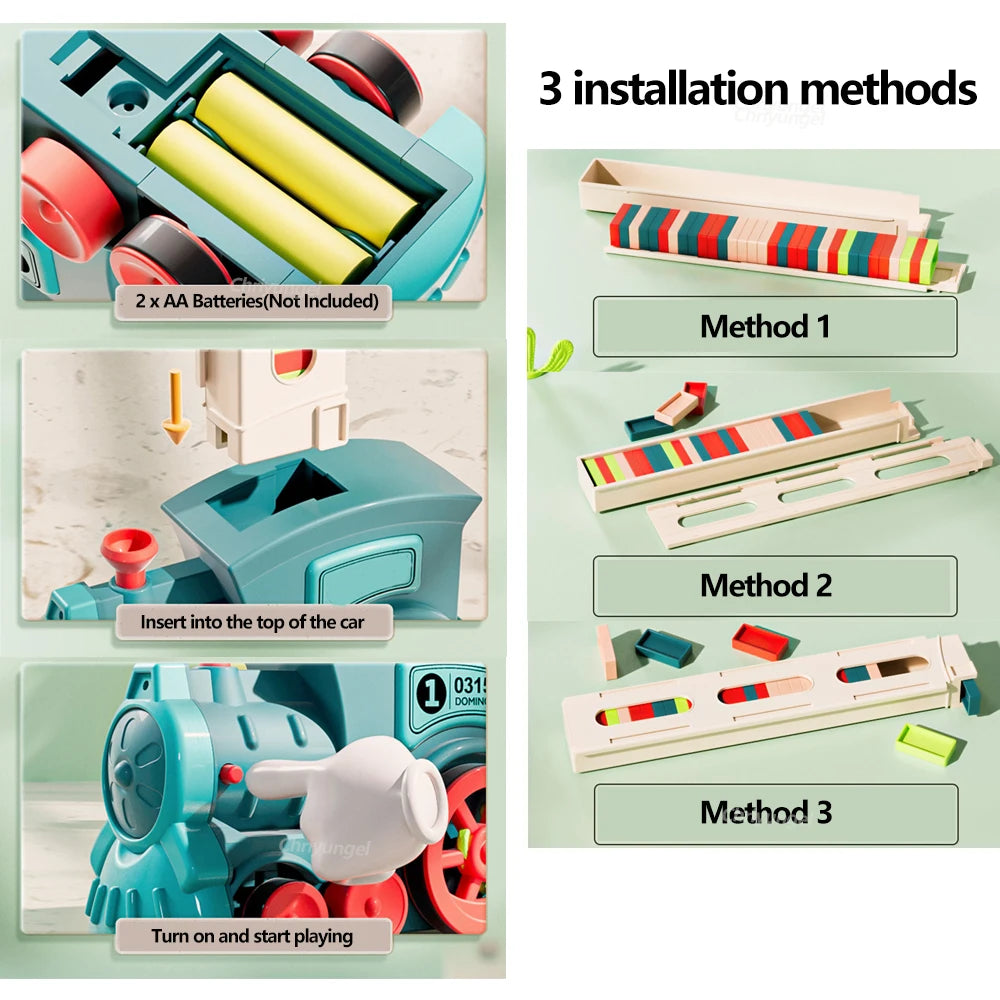 Domino-Zug für Kinder, automatisches Verleggen von Elektroautos, buntes Dominosteinen-Set, Ziegelblöcke, Kits, Spiele, Lernspielzeug, Geschenk für Mädchen und Jungen