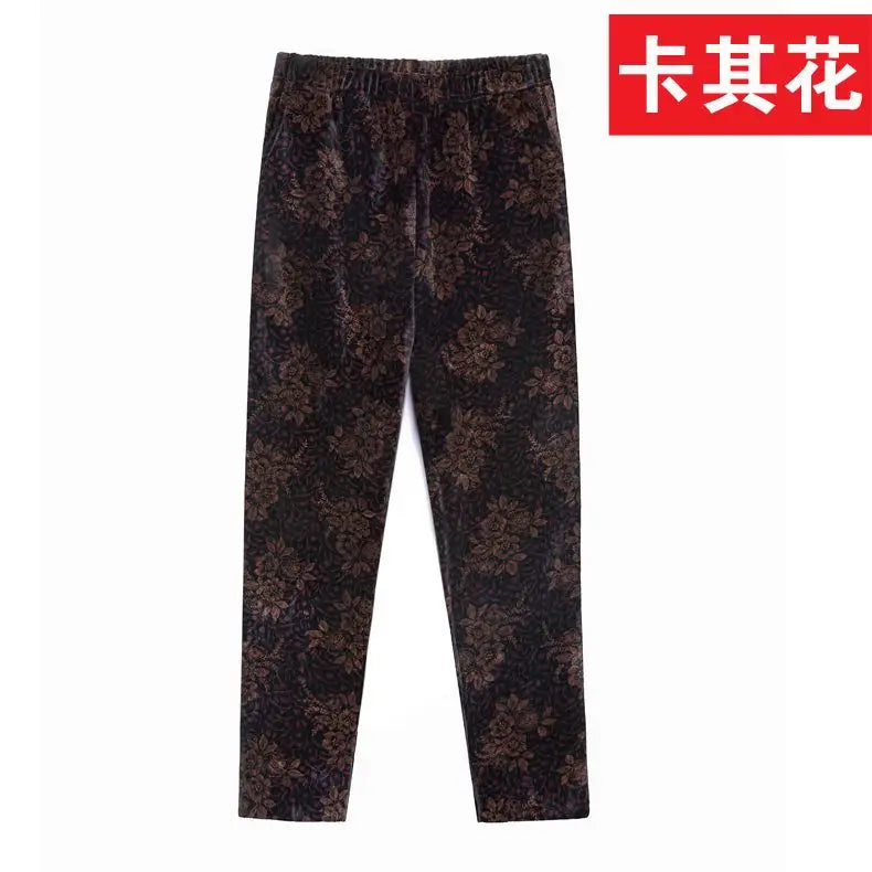 Herbst-Winter-Samthose mit Blumenmuster für Ältere Frauen, Lose Warme Verdickte Freizeithose für Oma und Mutter