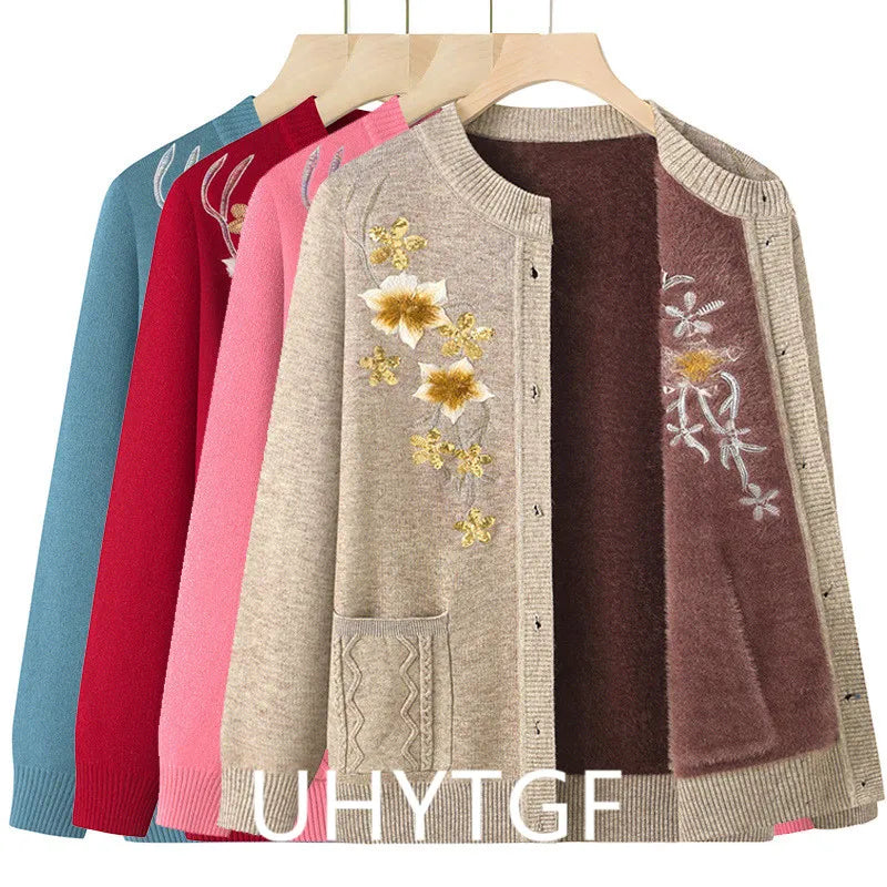 Herbst Winter warme Pullover Jacke Damen Print mittleren Alters Mutter Strickjacke Oma plus Samt Strickjacke Mantel weiblich 2915