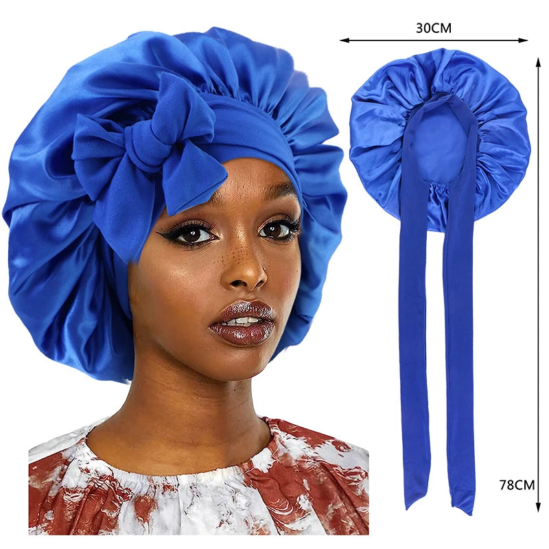 Neue Satin Schlafmütze Für Frauen Feste Breite Band Stretch Kopf Krawatte Seidige Motorhaube Rand Wrap Schlummertrunk Haarpflege Dusche Kopf Abdeckung
