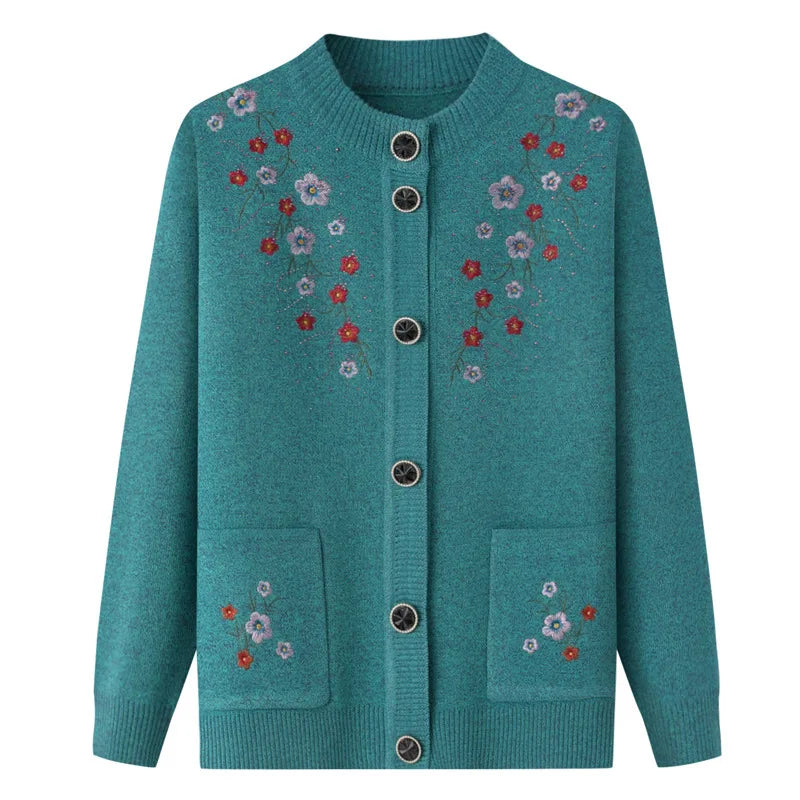 Frühling Herbst Top Frauen Ältere Mutter der Bestickt Gestrickte Pullover Oma Winter Plus Samt Dicke Strickjacke Mantel XL-4XL