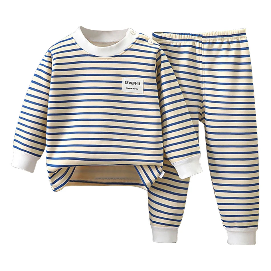 Warmes Baby-Kleidungsset mit Fleece-Futter für Kinder, Jungen und Mädchen, gestreifte Unterwäsche, Nachtwäsche-Set, ideal für Zuhause, Pyjamas, Herbst und Winter