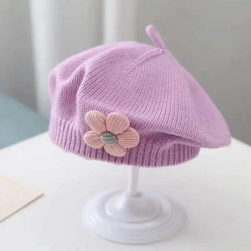 Blume Baby Baskenmütze Hut Winter Warme Gestrickte Beanie Cap für Kleinkind Mädchen Koreanische Kleinkind Prinzessin Künstler Einfarbig Maler Kappen
