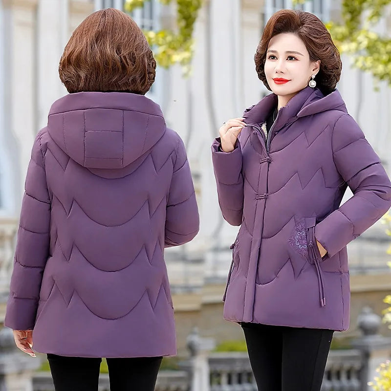 Frauen Winter Puffer Baumwolle Gefütterte Jacke Oma Mit Kapuze Fleece Dicke Parkas Warme Lose Retro Stickerei Schnee Mantel Lose Weibliche