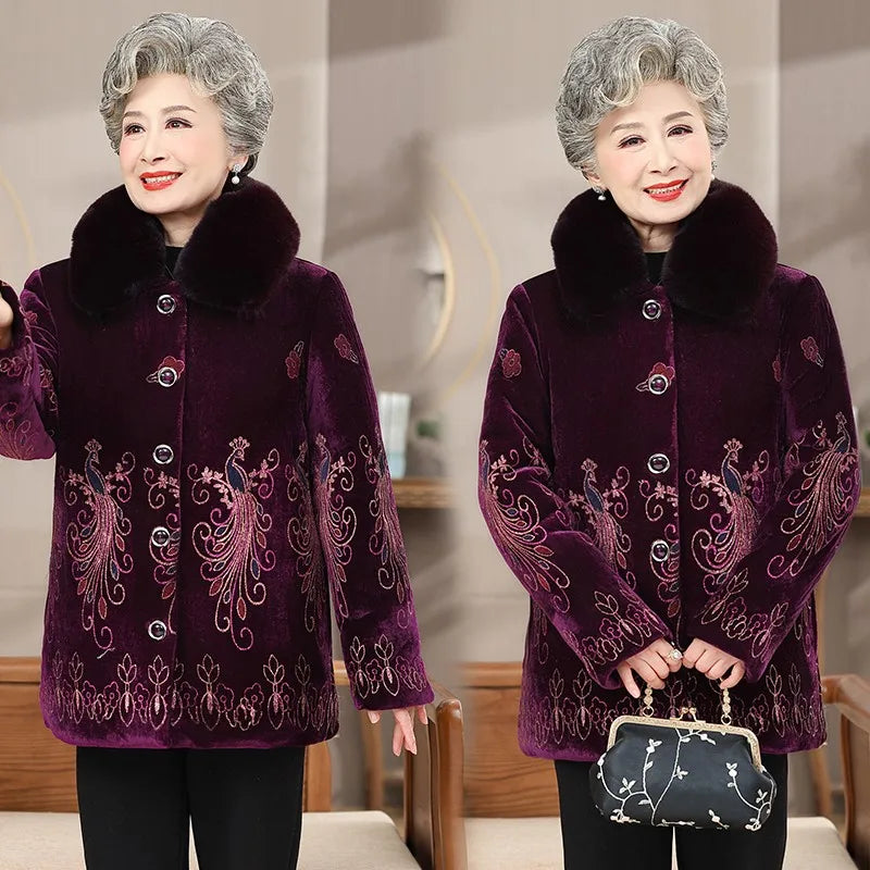 Winter-Damenjacke mit Baumwollpolsterung, 50 bis 80 Jahre alt, Oma-Mantel, dicker Samt, warm, mittleres Alter, Mutterpositionierung, Blumenparka