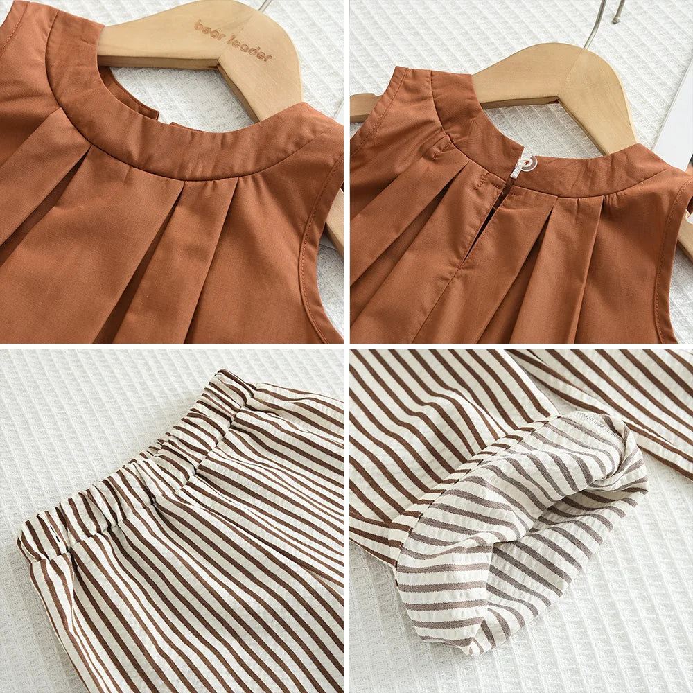 Bear Leader Baby-Mädchen-Freizeitkleidung, Rundhalsausschnitt, ärmelloses Polka-Dot-Oberteil + Hose mit weitem Bein, 2-teiliges Set mit Schleife und Knopf