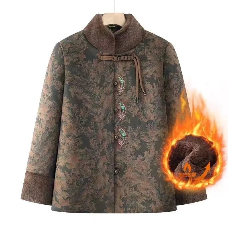 Damenmantel im chinesischen Stil mit Blumenmuster, gefüttert mit Fleece, aus Baumwolle, dicker Wintermantel, Tang-Anzugjacke für ältere Damen, Mütter und Großmütter.