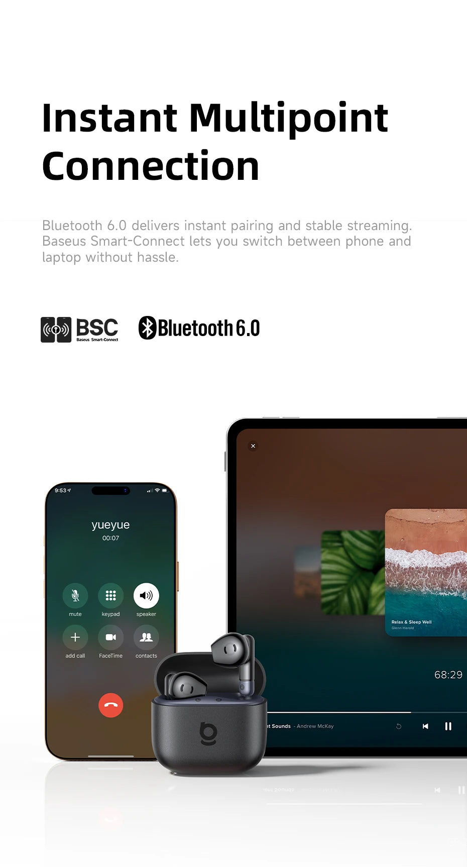 Baseus Bass BS2 Lite True Wireless Earbuds Bluetooth 6.0 Semi-In-Ear-Kopfhörer 2-Mikrofon AI ENC 40H Spielzeit IP55 SuperBass Ohrhörer