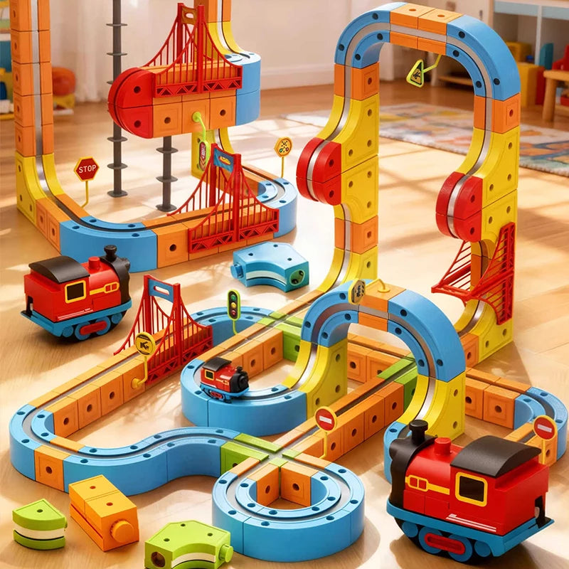 Magnetisches Elektrisches Eisenbahnset Magische Schienenbahn DIY Würfelspielzeug Kreatives Lernmodell Eisenbahnautos Spielzeug Geschenke für Kinder Jungen ab 3 Jahren