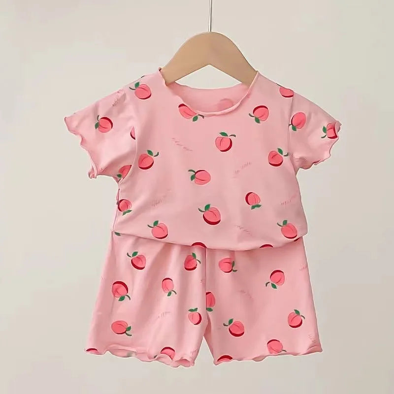 Erdbeer-Pyjama-Set für Babymädchen, Sommer, kurzärmelig, dünn, zweiteilig, Kleinkinder-Schlafanzug, Baby-Heimkleidung