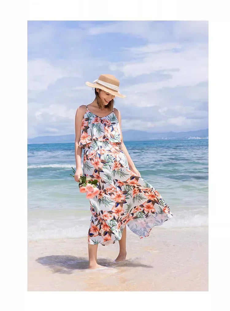 Family Look Vacation Beachwear Mother Daughter Sleeveless Dress Dad Son Matching Floral Shirt Set Parent-Child Holiday Outfits
