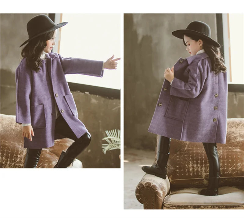 Mädchen Wolle warme Mäntel Kinder Herbst Winter lässige Oberbekleidung Kinder feste Farbe Mode Jacke Teen Turndown Kragen Kleidung