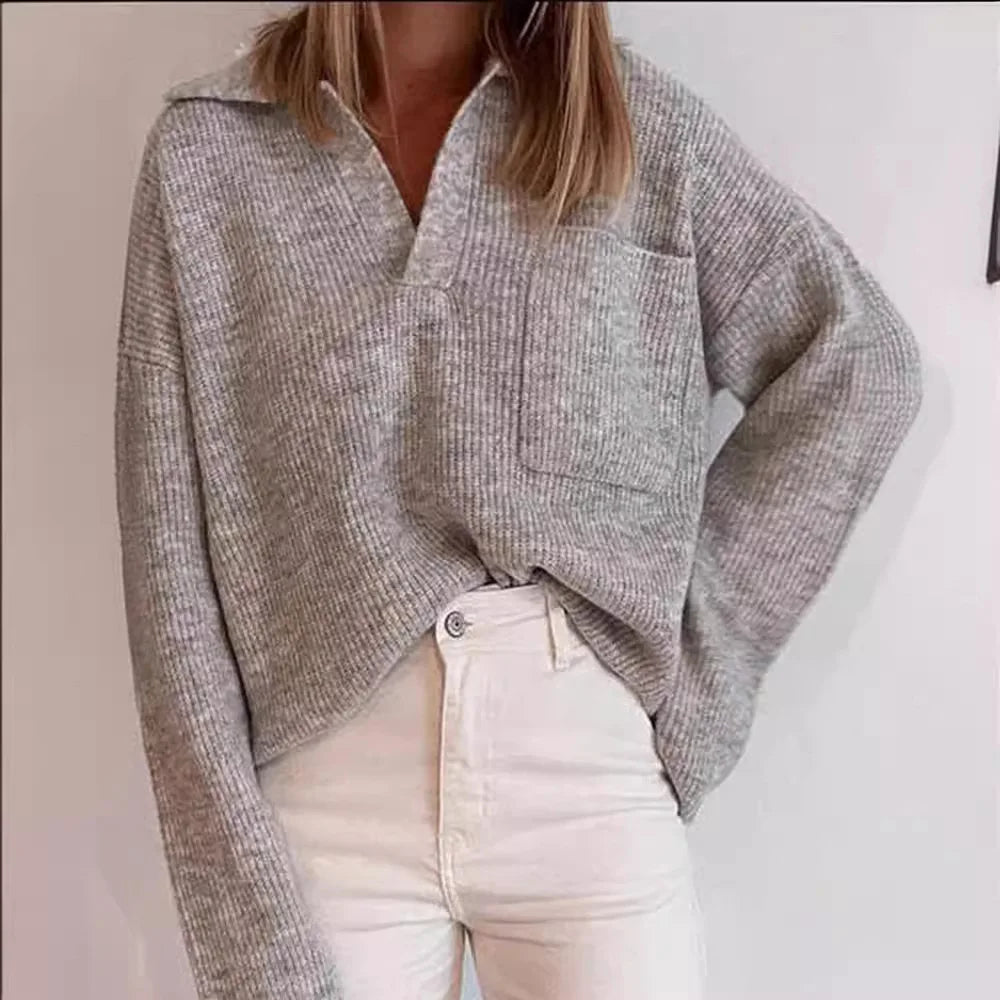 Neue Herbst Modus 2025 Pull Femme Einfarbig Tasche Stricken Lose Revers Büro Pendler Pullover Pullover Trikots Mujer Talla Grande
