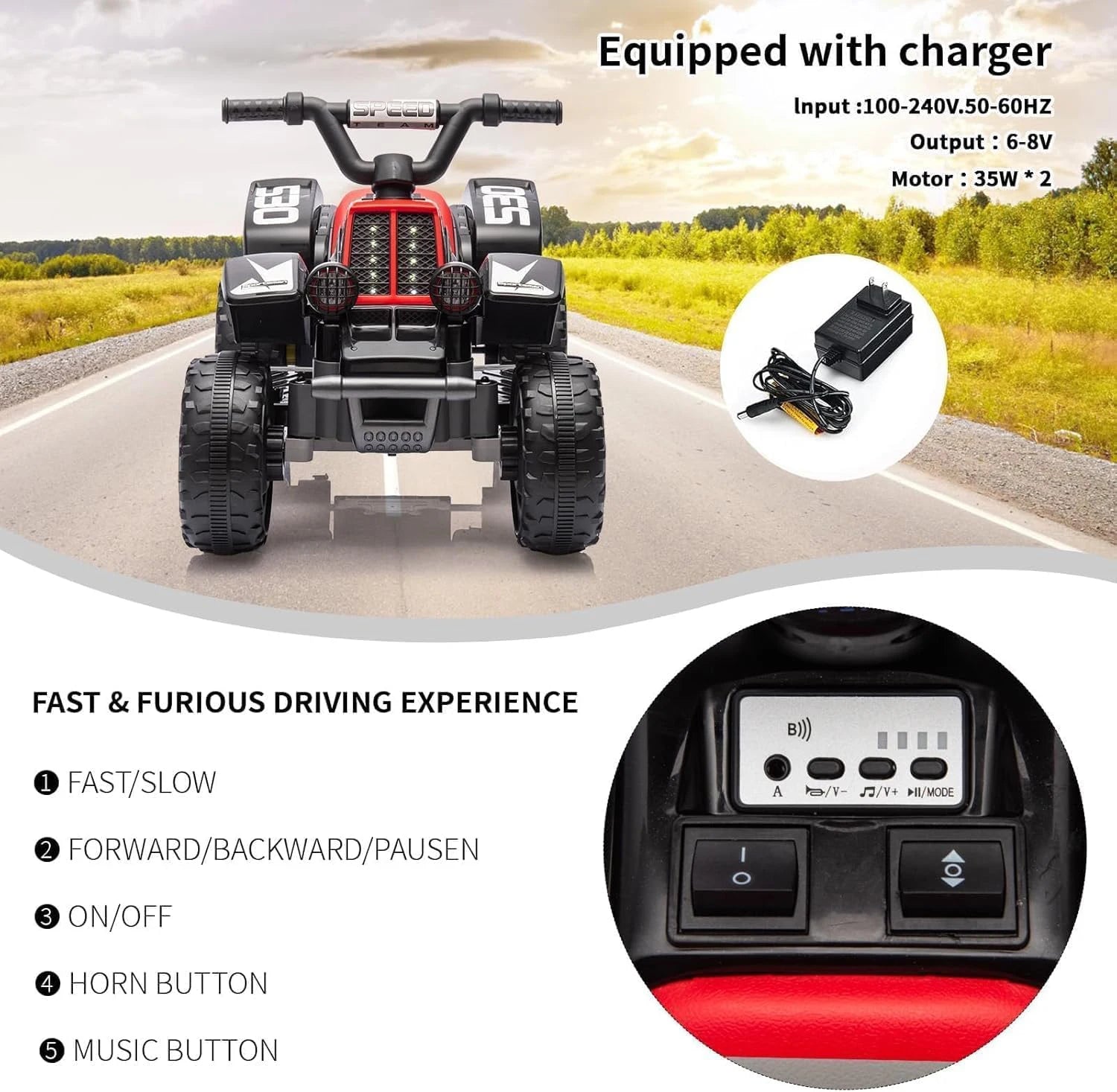Elektrisches Quad für Kinder, 6-V-Aufsitzwagen mit LED-Leuchten und Musik, Hupe, Ein-Knopf-Start, 1,8 km/h, Mini-ATV ab 3 Jahren