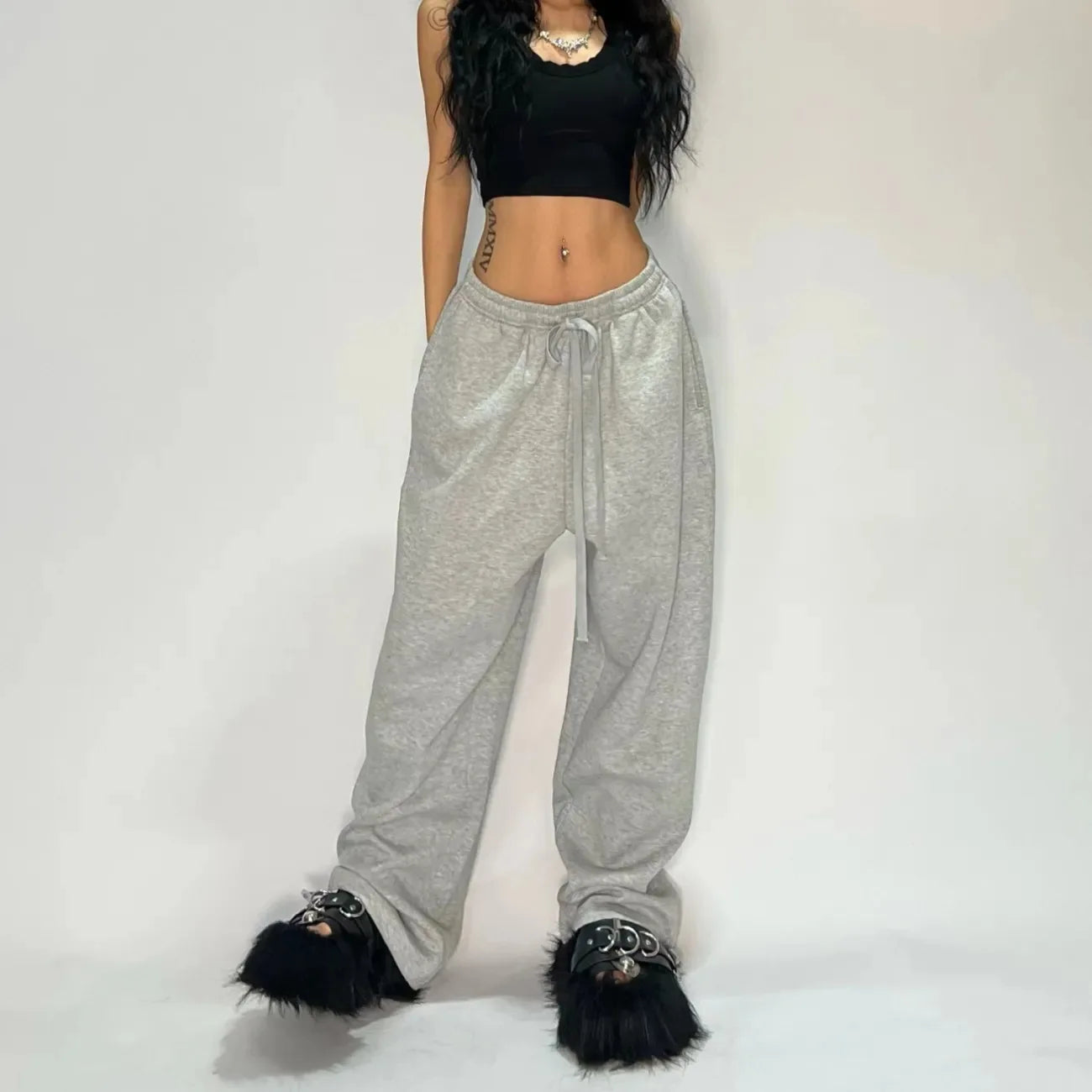 Y2k Graue Freizeithose Vintage Funktionelle Taktische Herren Damen Premium Jogging Hose mit weitem Bein Kordelzug Streetwear Jogginghose