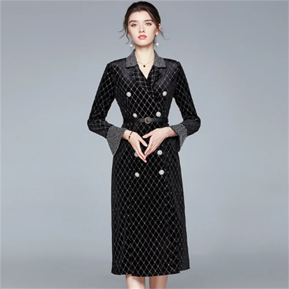Frauen neue zweireihige kleid bohrer perle samt graben mantel herbst kaminsims damen