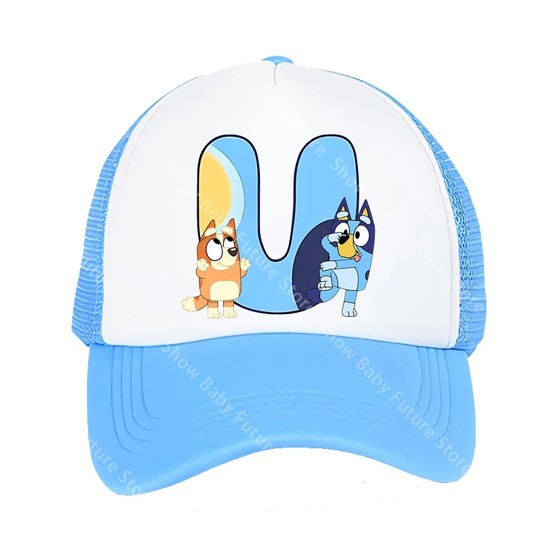 Blueys Baseballkappen für Erwachsene, Jungen und Mädchen, Kawaii-Buchstaben, zwei Größen, atmungsaktive Sport-Mesh-Mütze, niedlicher Cartoon-Anime-Sonnenhut, Geschenke