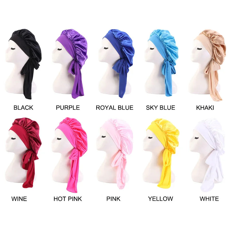 Neue Satin Schlafmütze Für Frauen Feste Breite Band Stretch Kopf Krawatte Seidige Motorhaube Rand Wrap Schlummertrunk Haarpflege Dusche Kopf Abdeckung