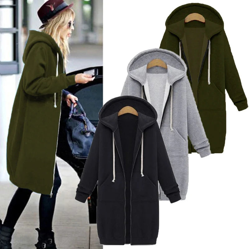 2024 Damen Herbst Winter ThickenHoodies Parkas Lose Kapuzenjacken Reißverschlusstasche Maxi Größe Sweatshirt Sportkleider Outwear