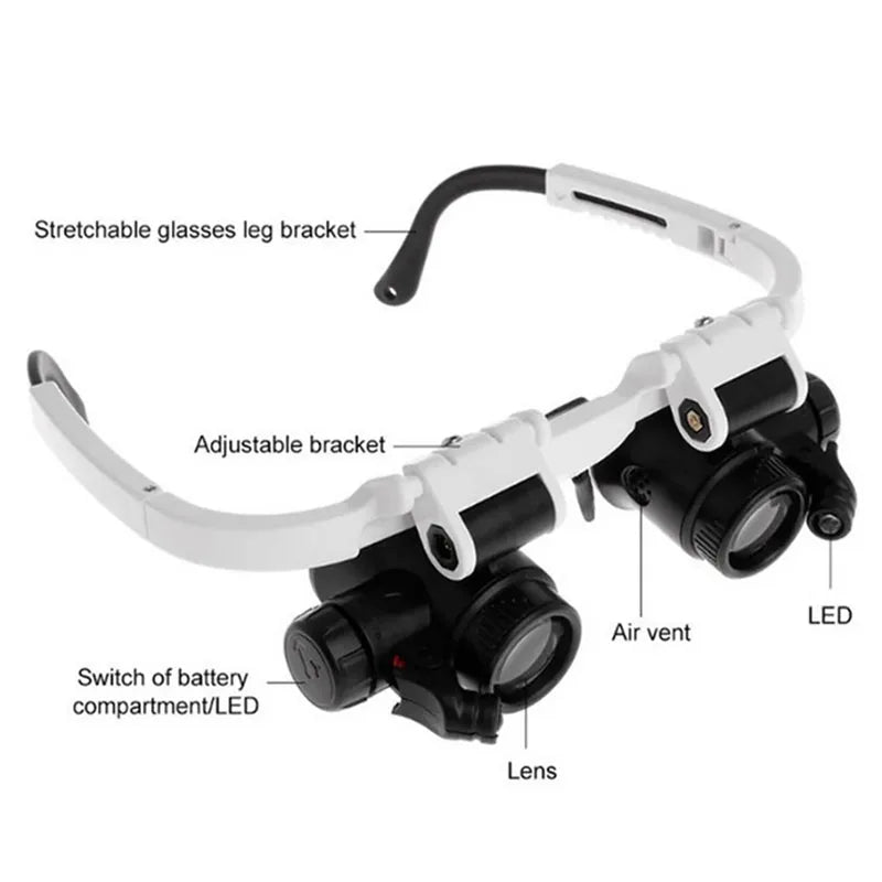 2XLED Uhr Juwelier Reparatur Lupe Kopf-Montiert Stirnband Einstellbare Vergrößerungs Kopf Brillen Lupe Objektiv 8X 15X 23X