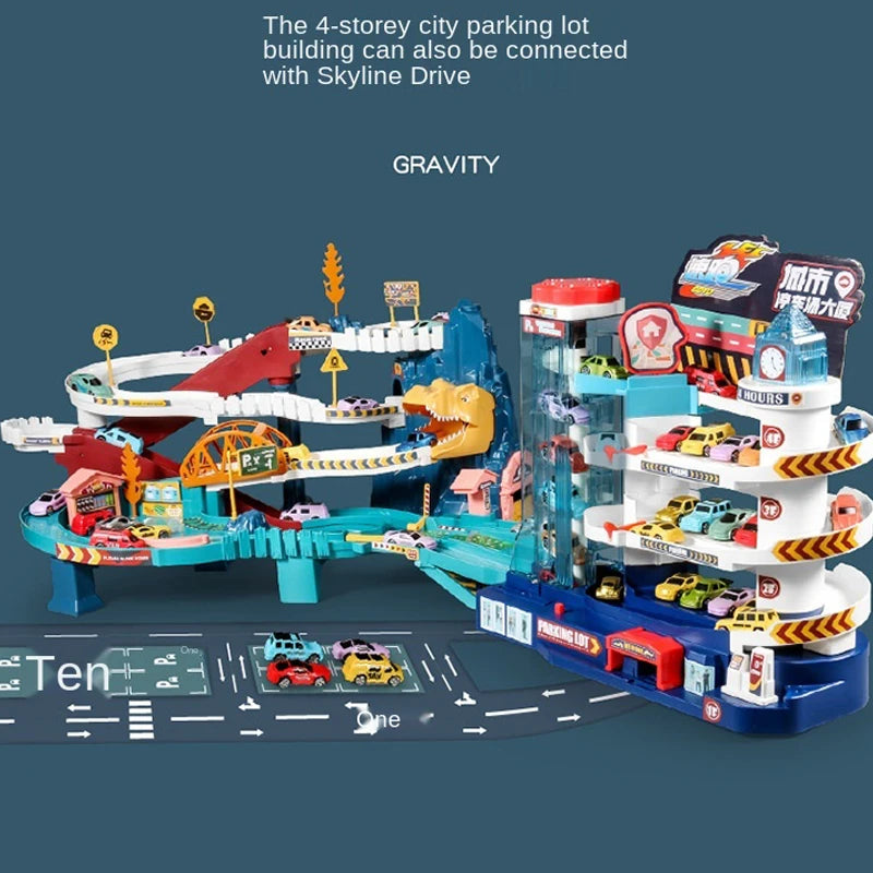 Elektrische Schienenauto Dinosaurier Gebäude Parkplatz Abenteuer Racing Schienenauto Spielzeug Kinder Gehirn Mechanische Interaktive Schienenautos