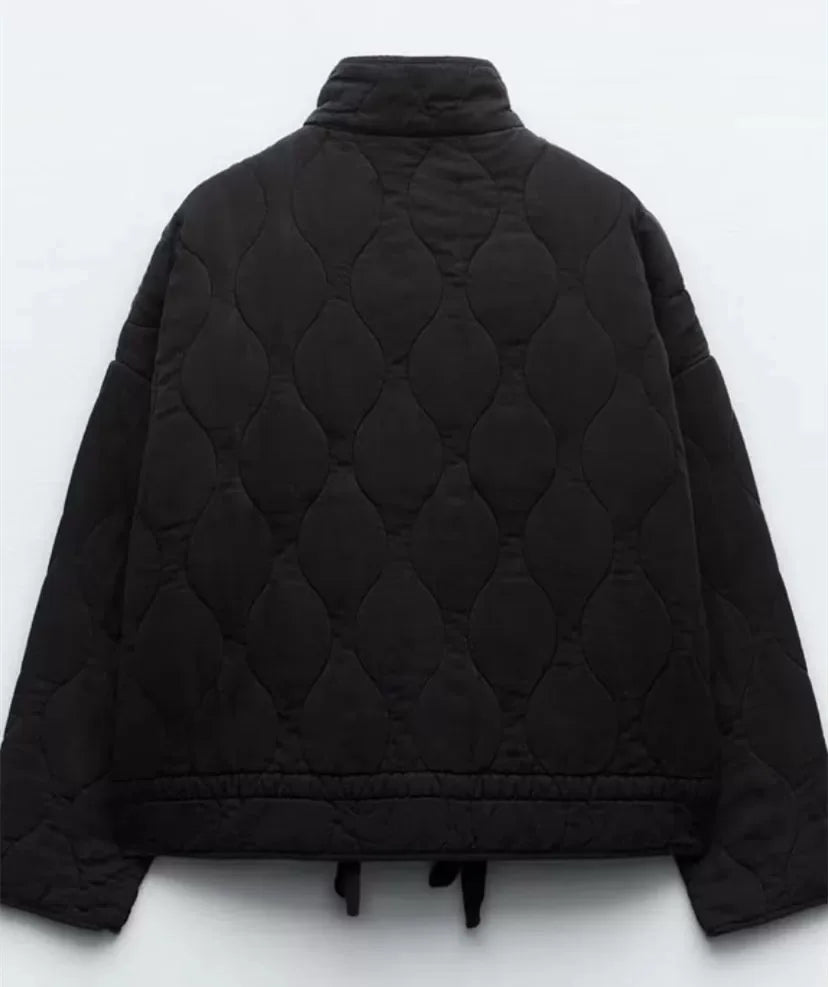 Damen Polyester Gefütterte Jacke 2026 Neuerscheinung Vintage Lenzing Rayon Hochkragen Große Tasche Dekorativer Gesteppter Mantel für Frauen