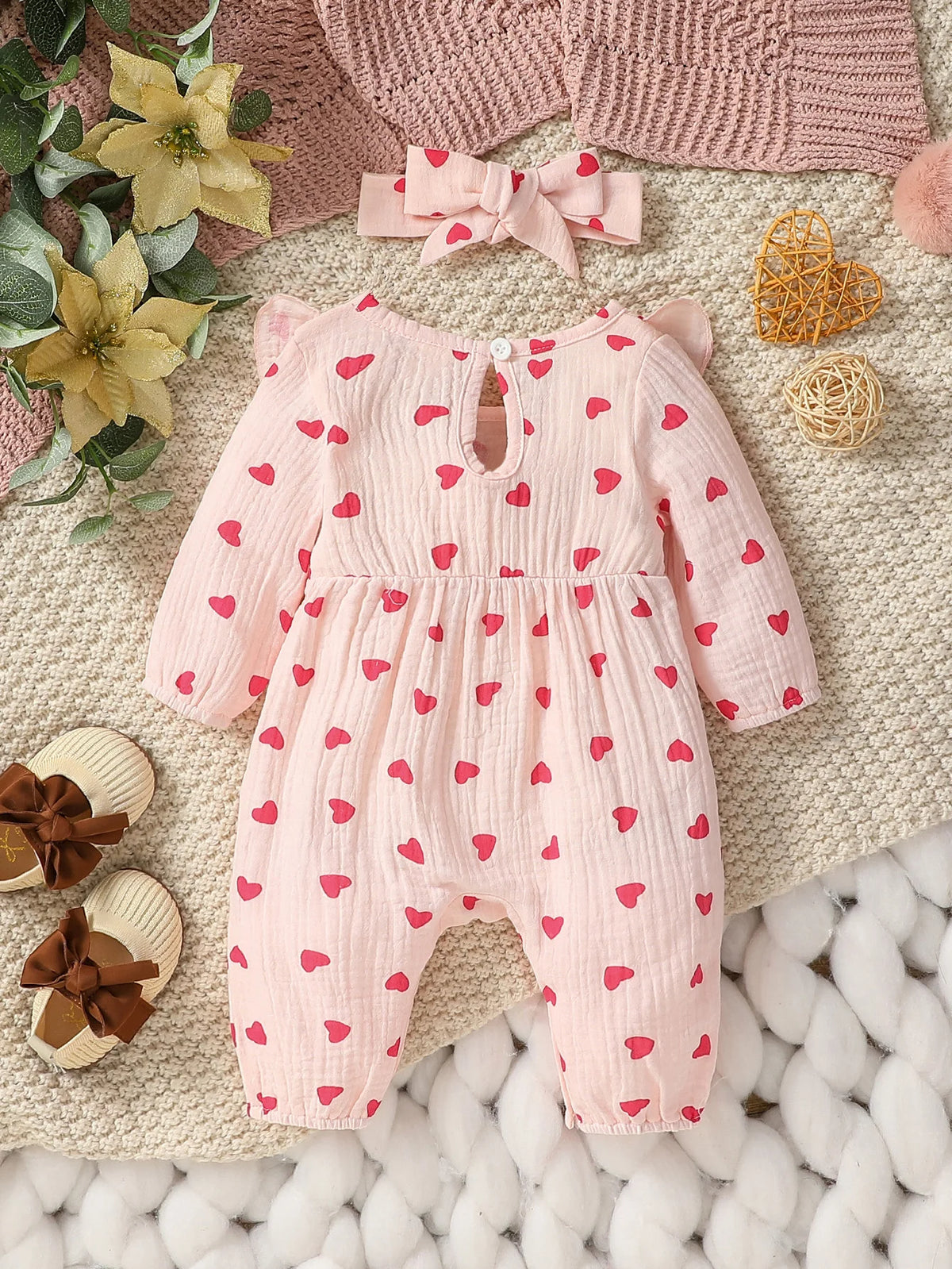 Baby-Mädchen-Overall für alle Jahreszeiten, langärmelig, mit Blumenmuster und Schleife, täglicher Overall für Neugeborene, 6 Monate Kleidung + Stirnband