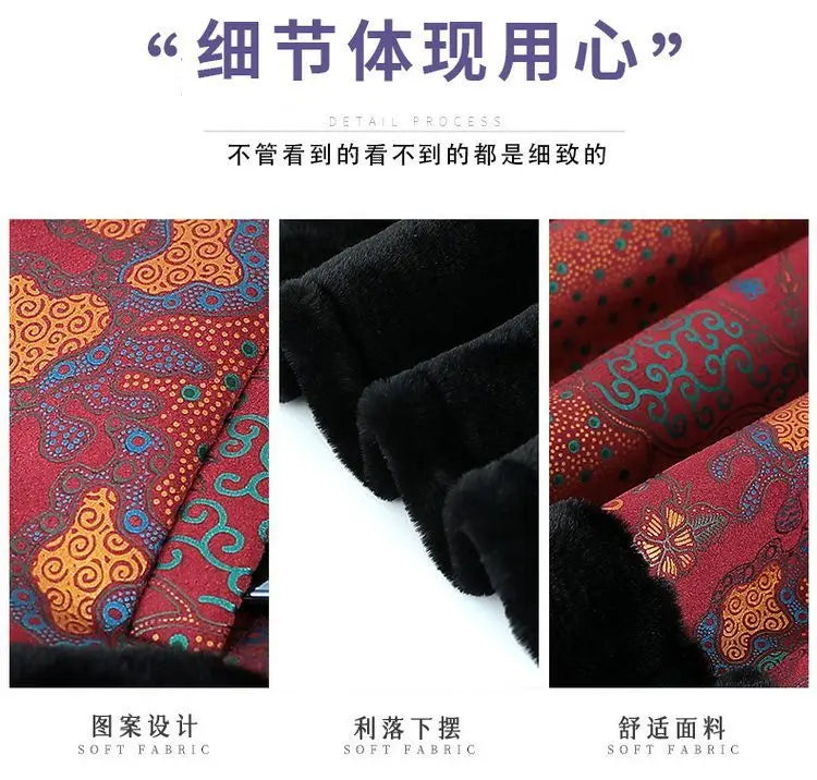 Chinesischer Stil, floraler, mit Fleece gefütterter Mantel für ältere Frauen, Kunstpelzkragen, Tang-Anzug, warme Winter-Oma-Oberbekleidung