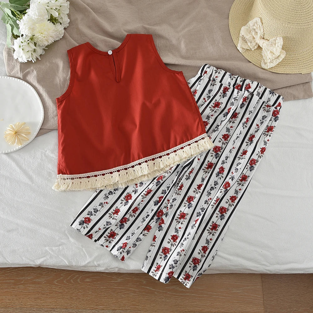 Bear Leader Baby-Mädchen-Freizeitkleidung, Rundhalsausschnitt, ärmelloses Polka-Dot-Oberteil + Hose mit weitem Bein, 2-teiliges Set mit Schleife und Knopf