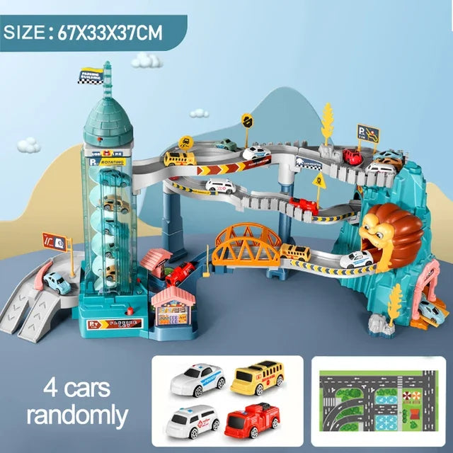 Elektrische Schienenauto Dinosaurier Gebäude Parkplatz Abenteuer Racing Schienenauto Spielzeug Kinder Gehirn Mechanische Interaktive Schienenautos