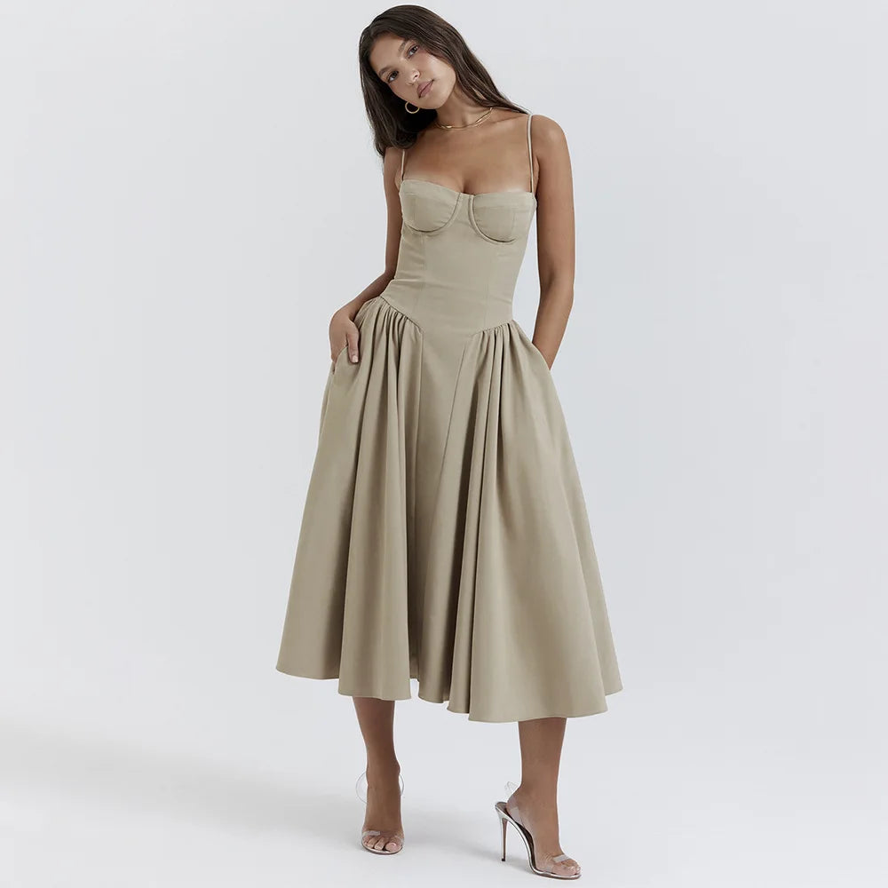 Sommer Frauen elegante ärmellose rücken freie Falten kleider Dame sexy feste Schlinge Midi-Kleid 2024 weibliche Party Abend A-Linie Roben