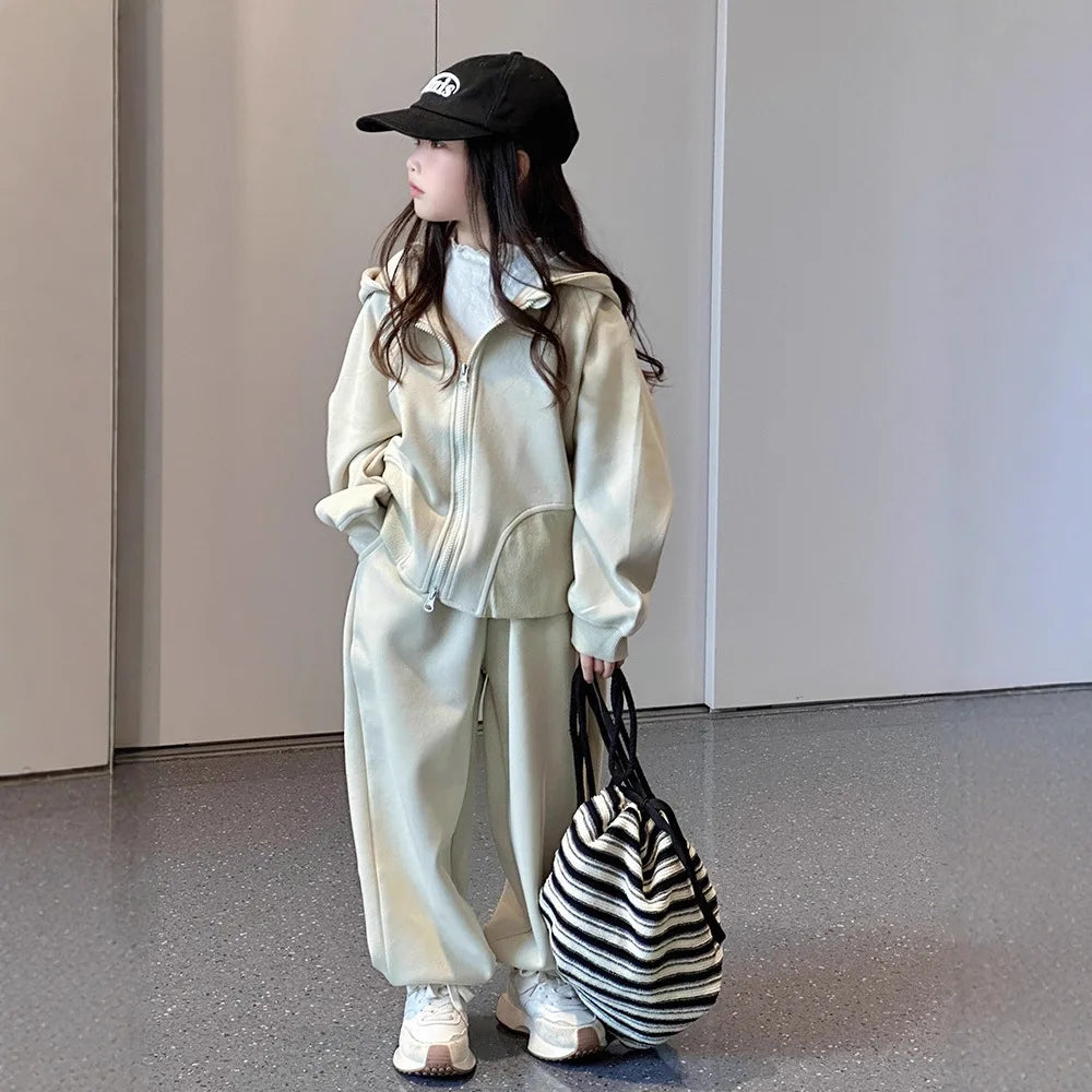 2026 Winter Herbst Teenager-Mädchen-Set: Lose Jacke mit Kapuze + Trainingsanzug mit weiten Hosen, Kinderkleidung, Outfit für Kinder 4 8 10 12 Jahre