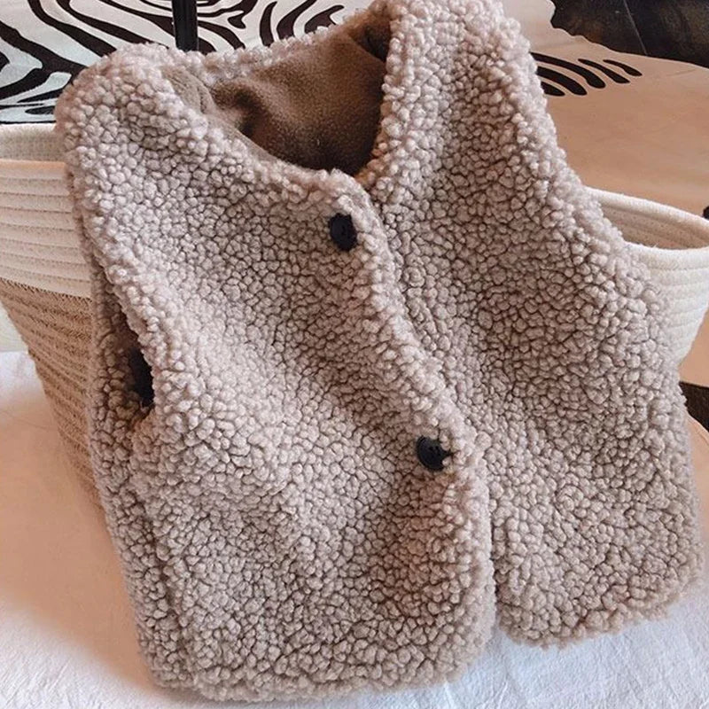 Neue Baby Lamm Wolle Plus Samt Weste Herbst Winter Mädchen Jungen Plüsch Weste Einreiher V-ausschnitt Kind Warme Mode Warme Mantel