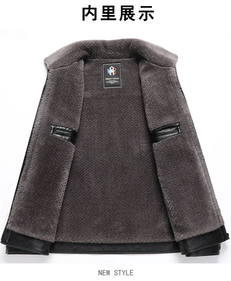 Fügen Sie Fleece und verdickende Winter-Papa-Lederjacke für Opa mittleren Alters mit Pelzkragen, Mantel für Herren mittleren Alters für Wärme hinzu