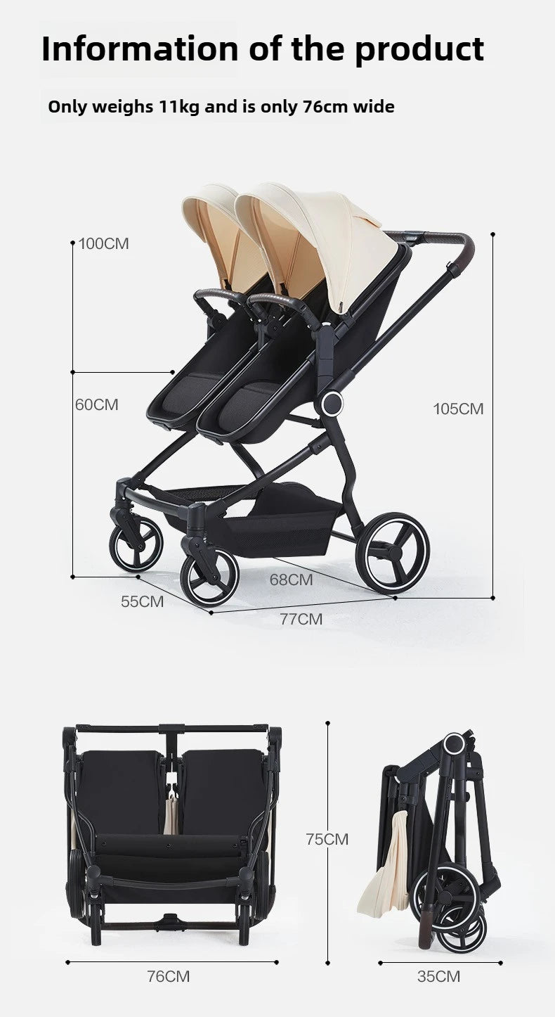Integrierter Hochansicht-Kinderwagen für zwei Babys, kann sitzen oder liegen, ultraleichter, tragbarer, faltbarer Outdoor-Reisewagen