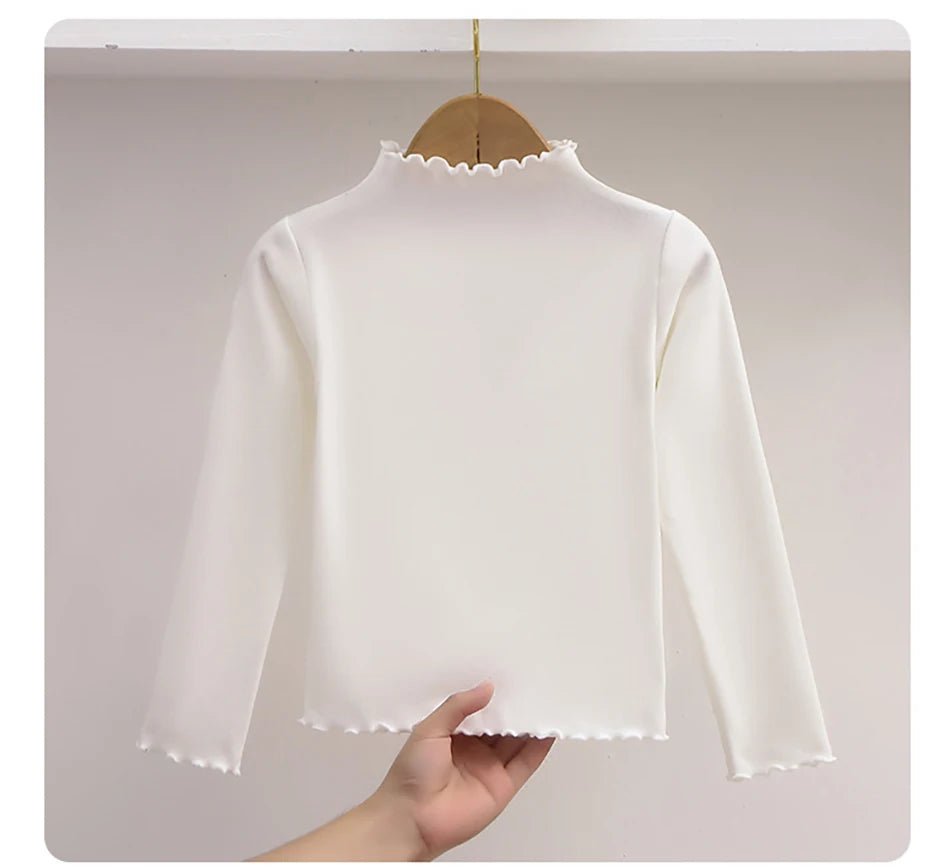 Herbst-Winter-Langarm-T-Shirt für Mädchen, einfarbig, mit Rüschenkragen, modisches, bequemes T-Shirt für den Alltag