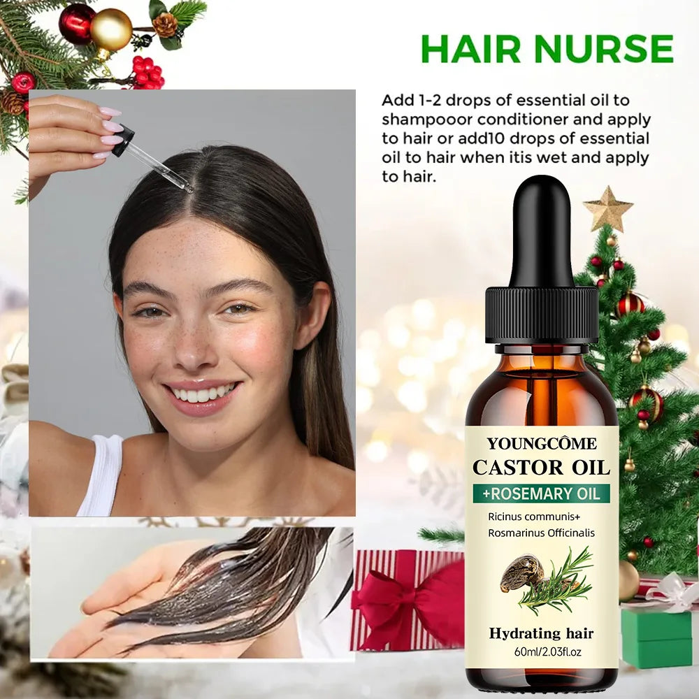 Mischen Sie Rizinusöl und Rosmarinöl für das Haarwachstum. Verbessert die Haarstärke und den Glanz, reduziert Haarausfall und splissige Haarpflegeöl