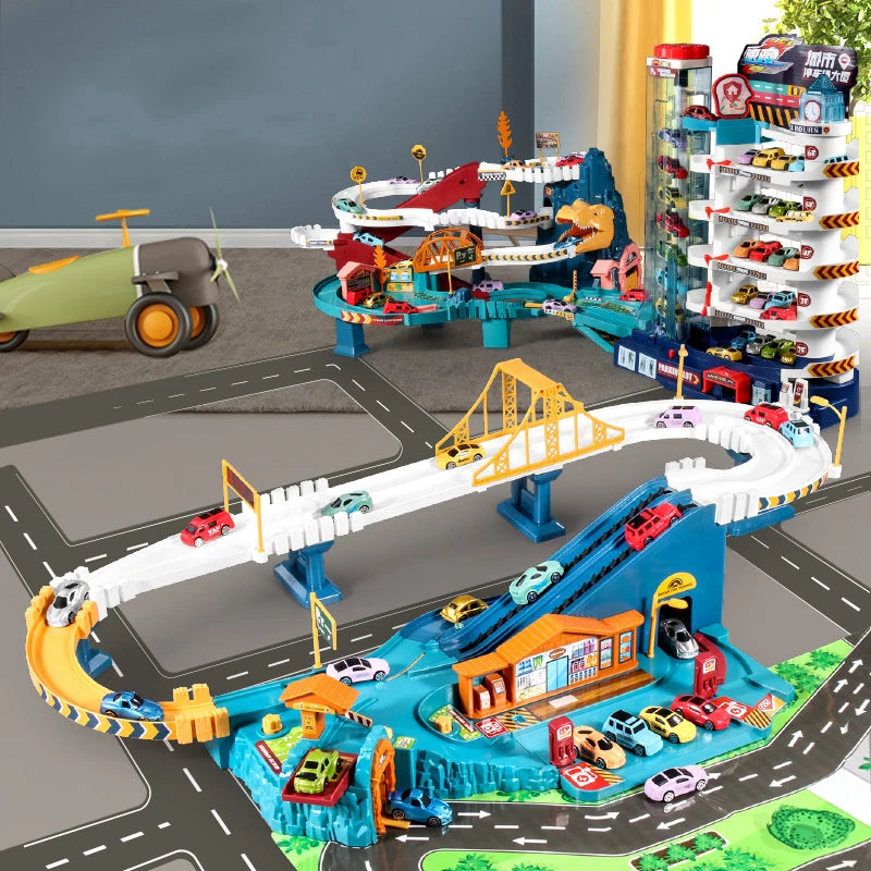 Elektrische Schienenauto Dinosaurier Gebäude Parkplatz Abenteuer Racing Schienenauto Spielzeug Kinder Gehirn Mechanische Interaktive Schienenautos