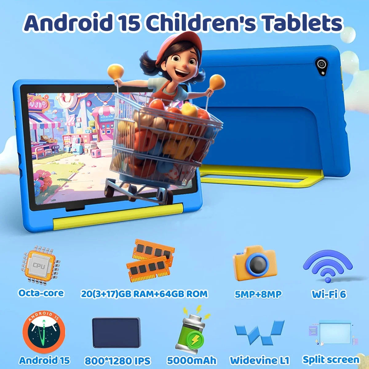 URAO 10 Zoll Android 15 Tablet mit Cartoon-Muster Kinder-Tablet 20GB RAM 64GB ROM Lern- und Spiele-Tablets Kindergeschenke