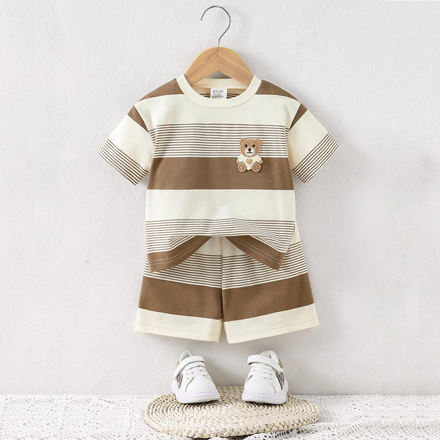 2025 Neues Baby-Sommer-Kühles, atmungsaktives Strick-Rundhals-T-Shirt + Shorts, 2-teiliges Set, Outfit für Jungen und Mädchen, Kleinkind-Kleidung