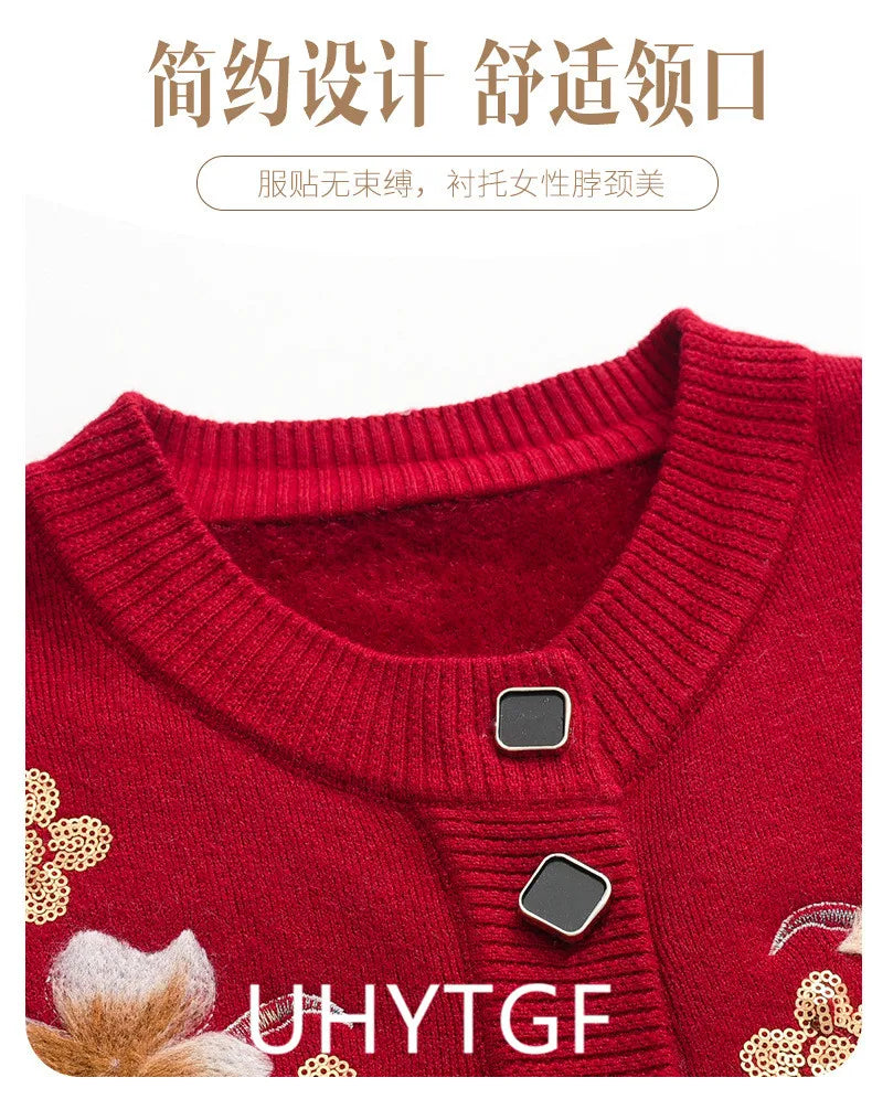 Herbst Winter warme Pullover Jacke Damen Print mittleren Alters Mutter Strickjacke Oma plus Samt Strickjacke Mantel weiblich 2915