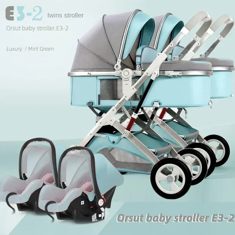 3-in-1-Zwillings-Kinderwagen mit Autositz, tragbarer faltbarer Kinderwagen mit hoher Sicht, Kinderwagen für Neugeborene, kann sitzen und liegen