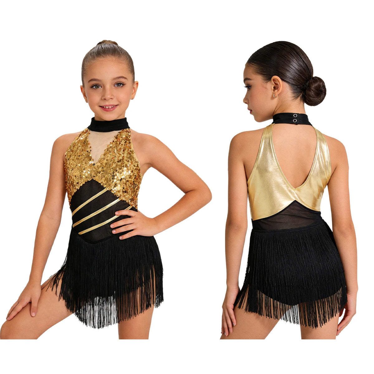 Glitzerndes Pailletten-Lateintanzkleid für Mädchen, Salsa, Jazz, Tango, ärmellos, gerüschtes Mesh-Overlay, Oberteil mit Quasten, Leotard-Kleid