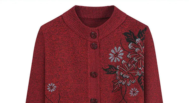 Neue Druck Mittleren Alters Mutter der Frühling Herbst Langarm Pullover Frauen Gestrickte Bodenbildung Shirt Wolle Winter Oma Strickjacke