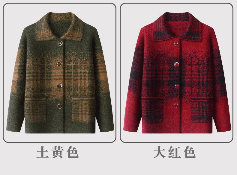 Strickjacke für Ältere Frauen mit Umlegekragen, Karomuster, Dick, Warm, mit Knöpfen, Wintermantel für Mütter und Großmütter